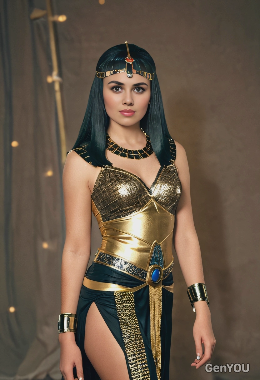 dressed as Cleopatra at a costume party, full body image, lights in the background, blurry background