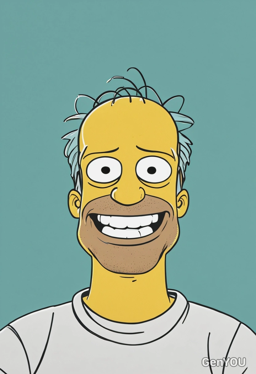 Hand-drawn flat cartoon style, smiling, yellow Homer Simpson, white t-shirt, minimal cartoon outlines, close-up portrait, turquoise wall in the background