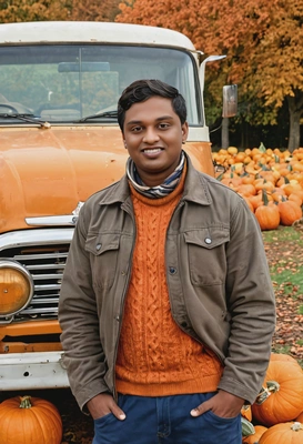 standing next to a vintage truck filled with pumpkins, autumn background