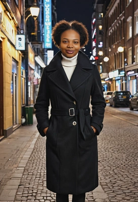 in a stylish wool coat walking through a city with winter night lights