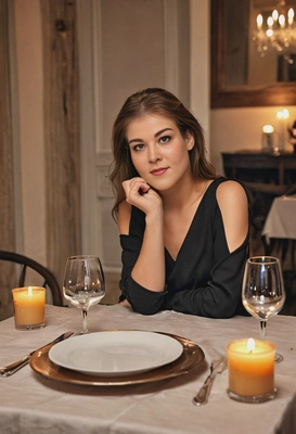 waiting alone with a romantic dinner ready, candlelit table, blurred background, eyes on you