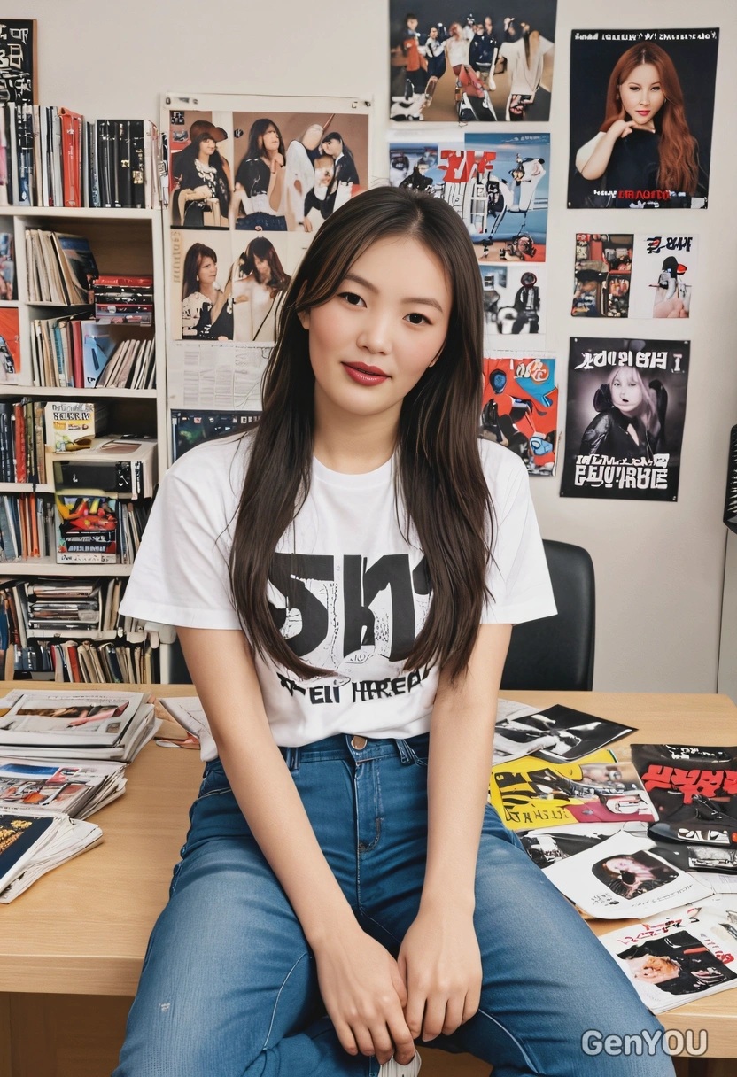 as a K-pop album unboxer, wearing a simple t-shirt and jeans, sitting at a desk surrounded by opened K-pop albums, posters, and photobooks
