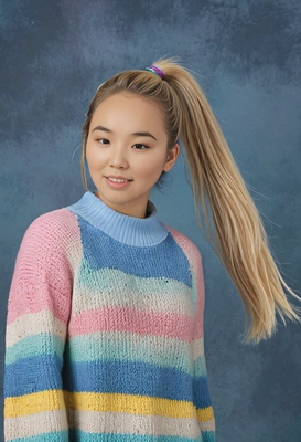 student in a pastel rainbow sweater, blonde hair in a high ponytail, mid-shot photo, murky blue yearbook background 