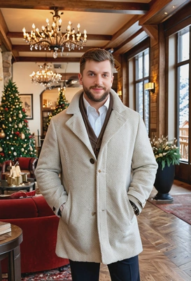 standing in a luxury ski lodge lobby, wearing a tailored coat, surrounded by opulent holiday decor