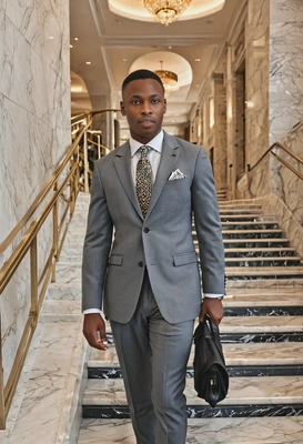 wearing a custom gray suit, walking down a marble staircase in a luxury hotel