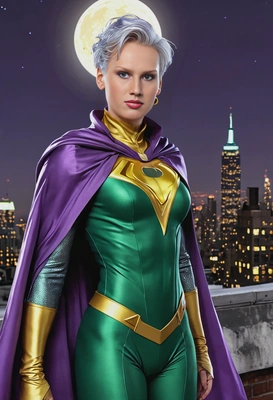 as a super hero, in purple and gold suit, emerald cloak, silver hair, on rooftop, night in New York, moon, looking at you, smiling, symmetrical clothing details, cartoon style, high-quality stylized art