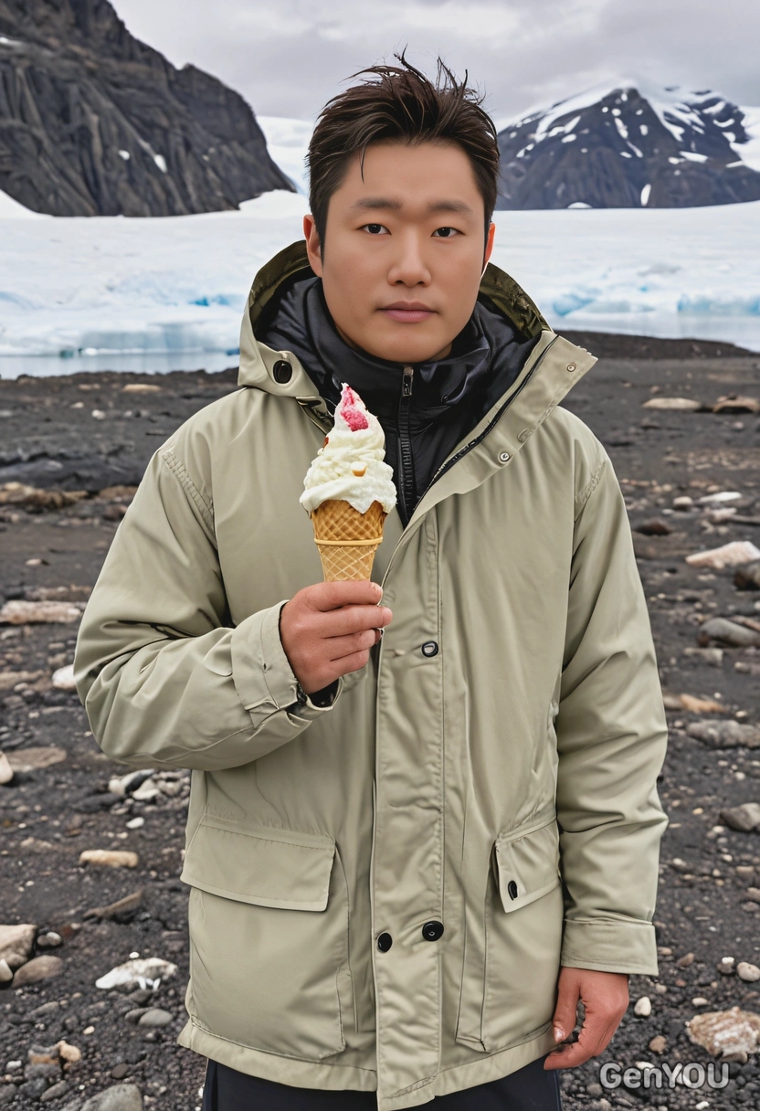 with an ice cream in antarctica, wearing knee-length parka, blurred background