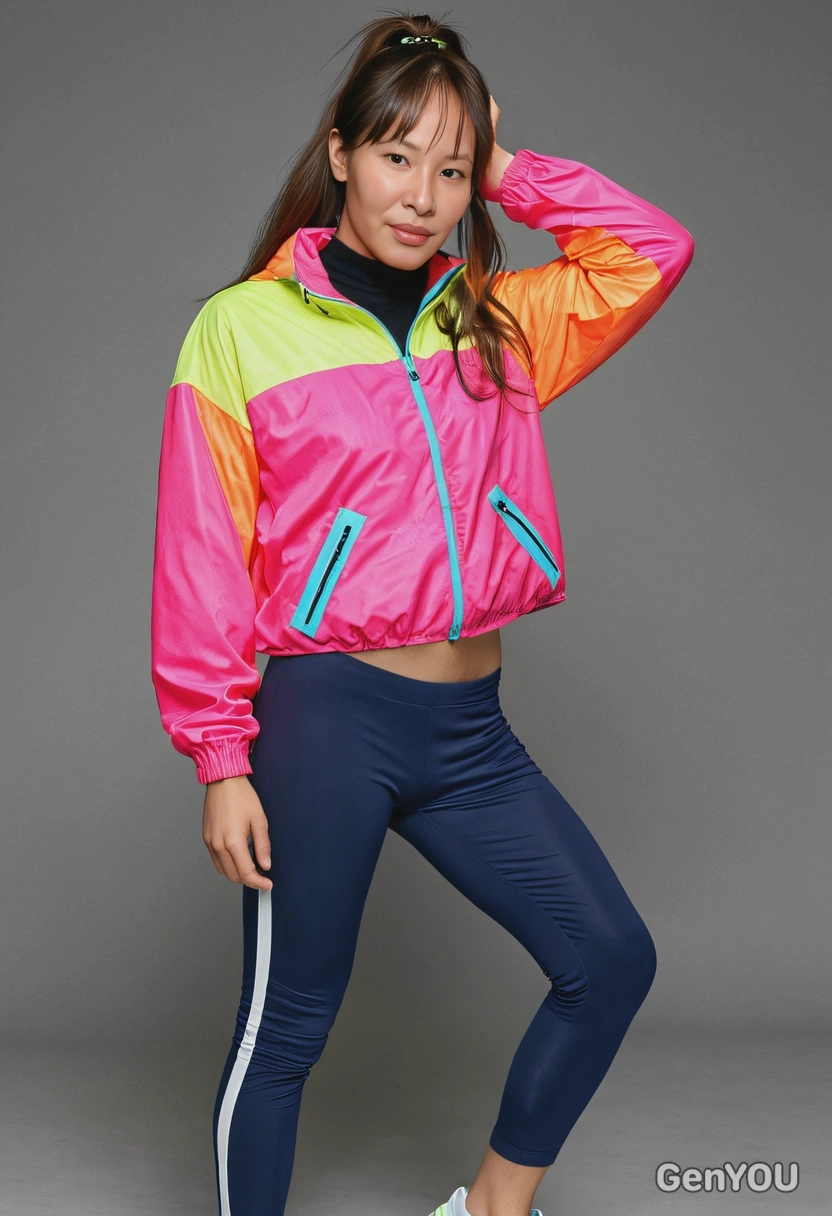 as an 80s pop icon admirer, in a neon windbreaker and leggings with a side ponytail, against a typical yearbook backdrop, half-body shot, hands in pockets 