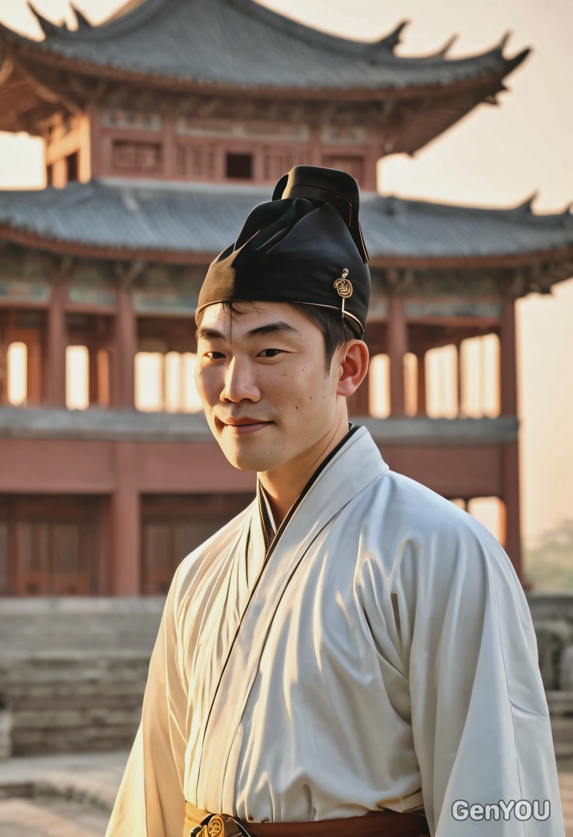 Tang Dynasty China, Scholar-official in formal robes, traditional hat, jade belt, blurry pagoda on the background, sunrise