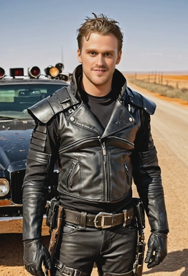 as a cosplayer of Mad Max, in torn black leather armor, pistol, black V8 Interceptor car behind, shabby highway, orange wasteland, smiling, looking directly at center, high-quality cinematographic style