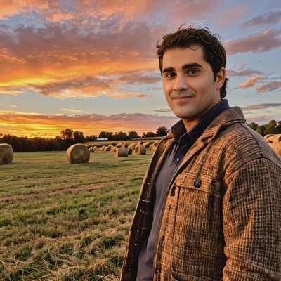 near hay bales on a farm, the autumn sky glows orange with the setting sun