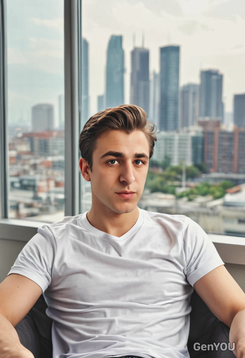 An executive, sitting back in armchair, white t-shirt, city behind window, blurred background
