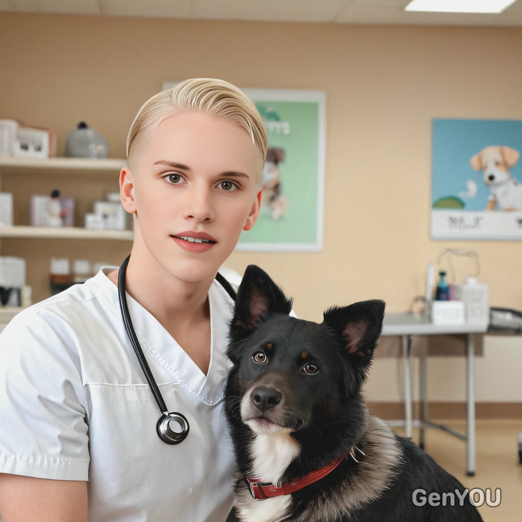 as a vet at a clinic with a cute dog, soft focus, blurred background 