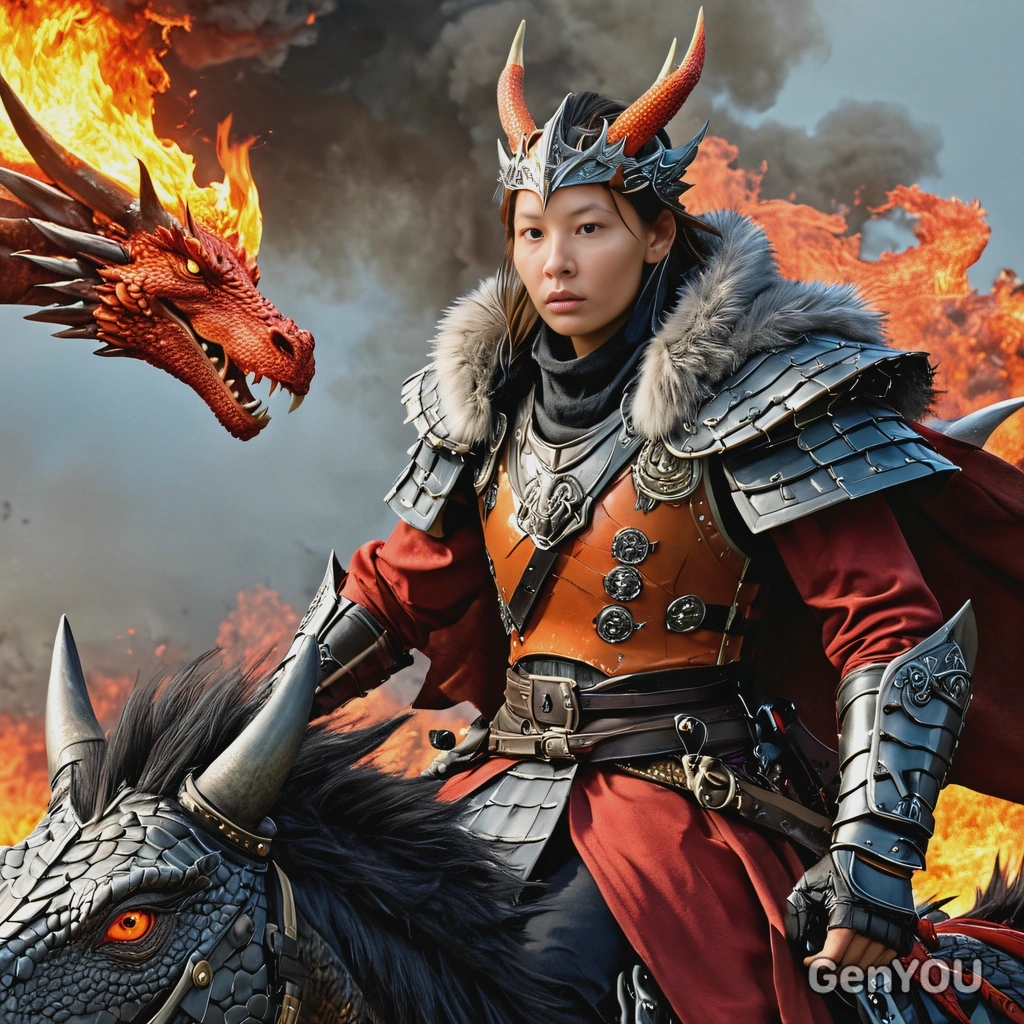 as a warlord, armor, fur coat, riding on a dragon, fire burning on background, vivid colors, symmetrical clothing details, video game style, high-quality stylized art