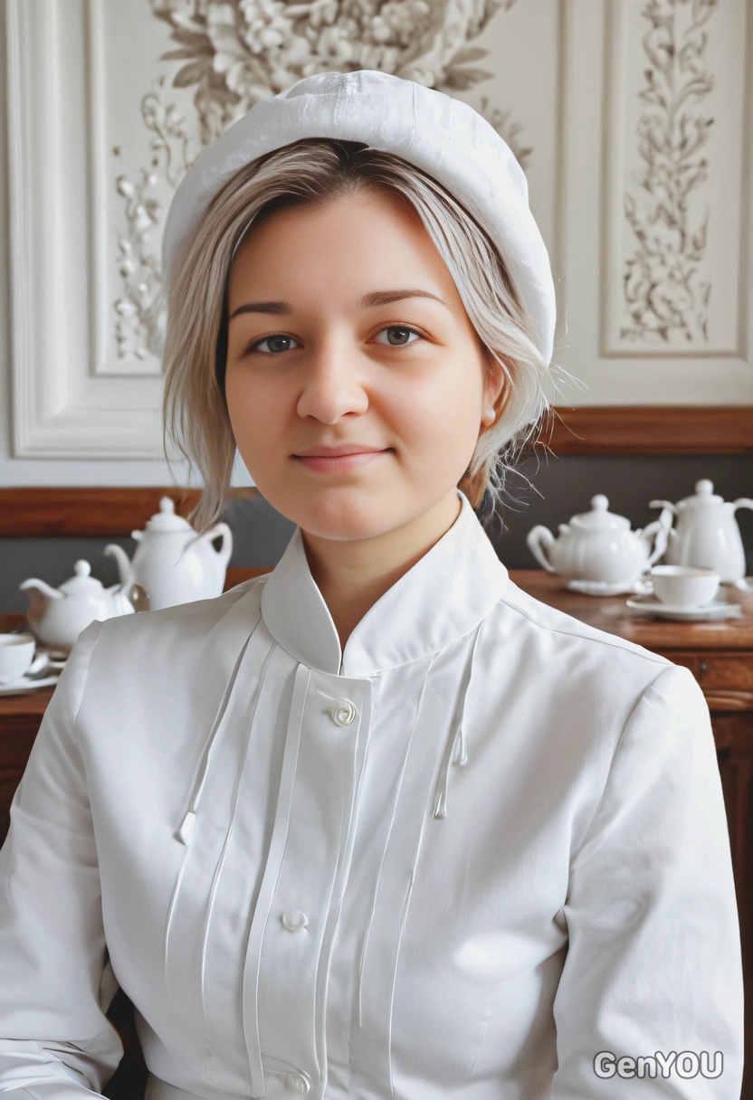 in white fashionable outfit, tea, blurred background, symmetrical details, shotoshoot for fashion magazine