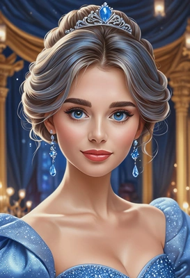Hand-drawn 2d flat cartoon style, Cinderella, oversized cartoon eyes, close-up portrait, wearing a shimmering blue ball gown with puffed sleeves, serene expression, sparkling ballroom background