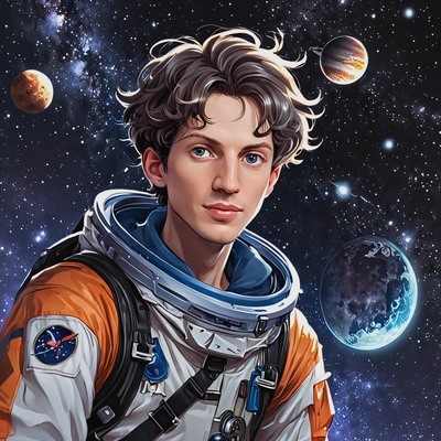 floating in space with stars and planets in the background, anime style, big eyes, manga drawing