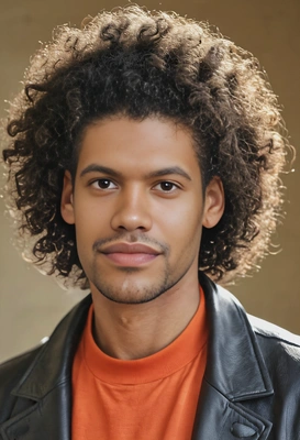 curly, medium-length afro with a natural finish, inspired by Michael Jackson in the 80s, soft focus, blurred background