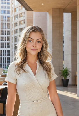 as a lady boss in a casual cream-colored fitted dress, cool standing, serious look, voluminous hair, a mid-body photo, blurry office building background, sharp skin texture details, sunrise lighting