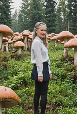 standing in a field of giant mushrooms, blurred background, cinematographic style