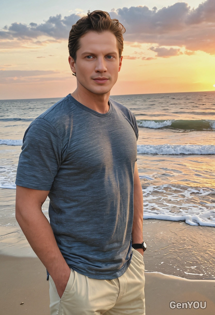 as a sturdy man in a casual outfit, enjoying a sunset on the beach