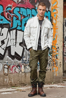 in a utility jacket, cargo pants, and boots, standing in front of a graffiti-covered wall, blurred background, soft focus, sharp skin texture, soft diffused light highlighting his features