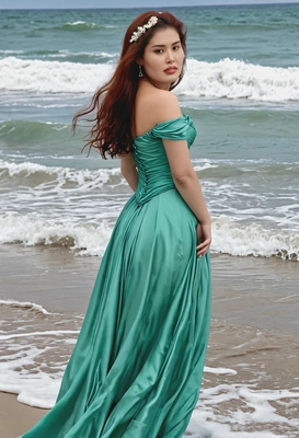 As Ariel in her human form, wearing a flowing sea-green gown, standing at the shore 