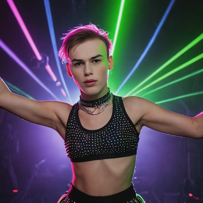 Person dancing at rave in neon outfit under black lights, half body shot with high res detail