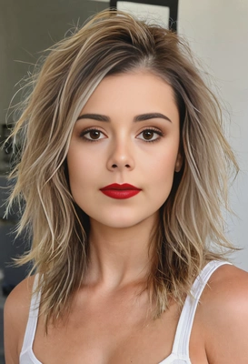 tousled, shoulder-length shag with sandy blonde highlights, soft focus, blurred background