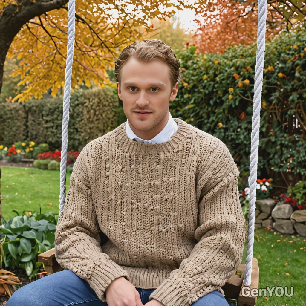Wearing an oversized sweater, sitting on a wooden swing in an autumn garden