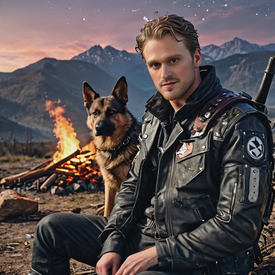 as a cosplayer of post nuclear game, cyberpunk, torn tattered dirty leather jacket, sitting by a bonfire, with a German Shepherd dog, gun on sling, mountains, dark night, stars on sky, looking straight at camera, bright evening, sun, vivid colors, high-quality cinematographic style