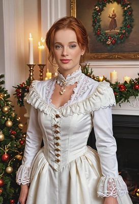 dressed in a traditional Victorian-style Christmas outfit, standing by a decorated fireplace with garlands and candles glowing warmly