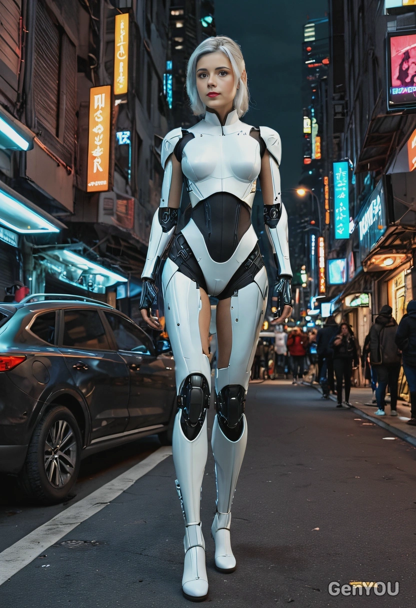 A futuristic courier with cybernetic legs, in a crowded cyberpunk street at night