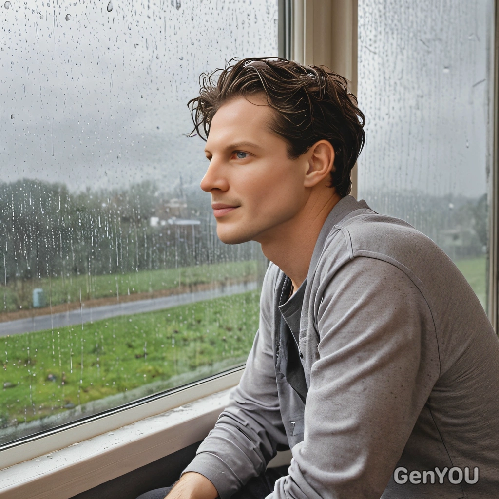 sitting by a window, the rain fall outside