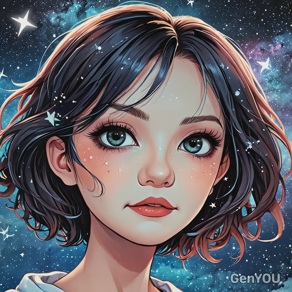 floating through a celestial dreamscape with stars, anime style, big eyes, manga drawing