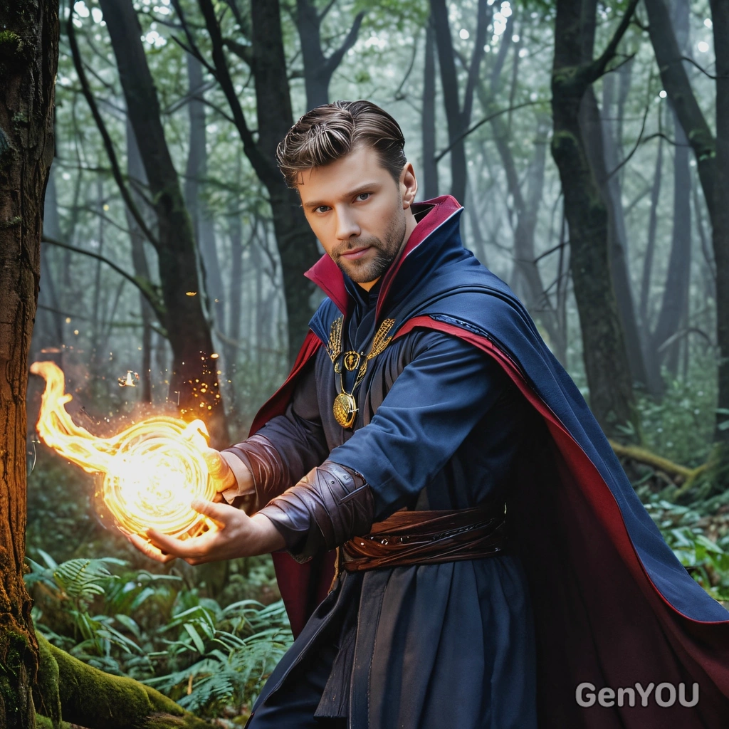 Doctor Strange casting intricate spells, in a dark forest