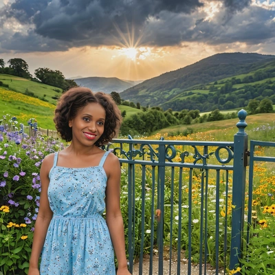 in a light blue sundress, standing near a charming countryside gate, with the sun shining through the clouds and wildflowers covering the hillside, mid shot photo