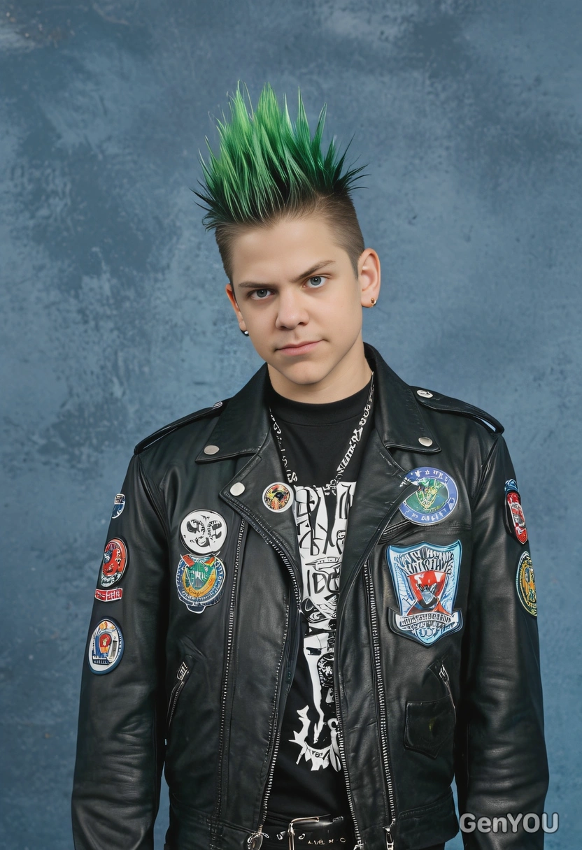 as a 90s punk rocker with a green mohawk, leather jacket, and band patches, standing nonchalantly against a blue yearbook backdrop 