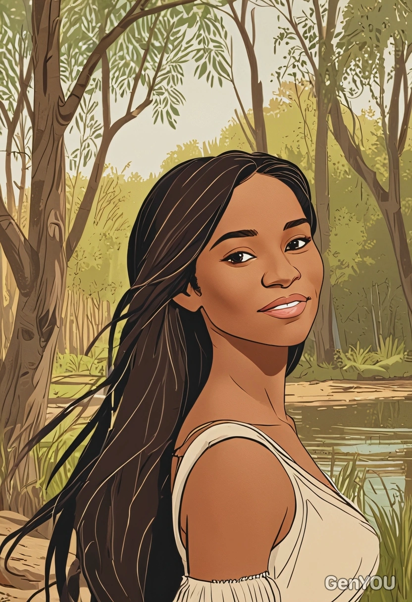 2D cartoon Disney style, Pocahontas from Pocahontas, waist-up portrait, earthy-toned multiplications with flowing, dynamic outlines, riverbank background with willow trees swaying in the breeze
