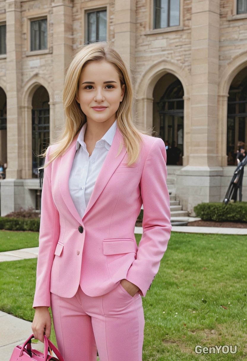 as Elle from Legally Blonde, mid-shot, a fashionable law student in a pink suit, on a university campus