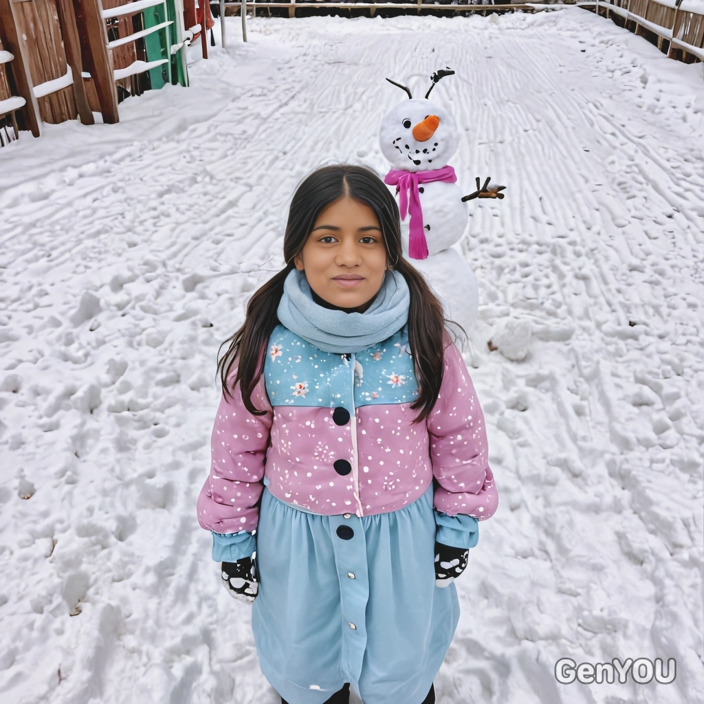 as child standing in themed snow and snow man kindergarten