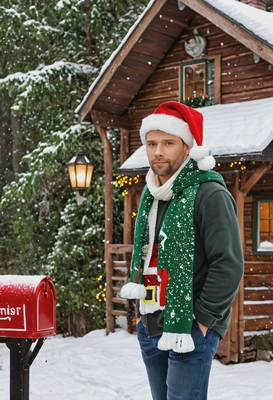 wearing a Santa hat and a green scarf, standing by a decorated mailbox in front of a cozy cabin in the woods, with soft snow falling and twinkling lights hanging from the eaves