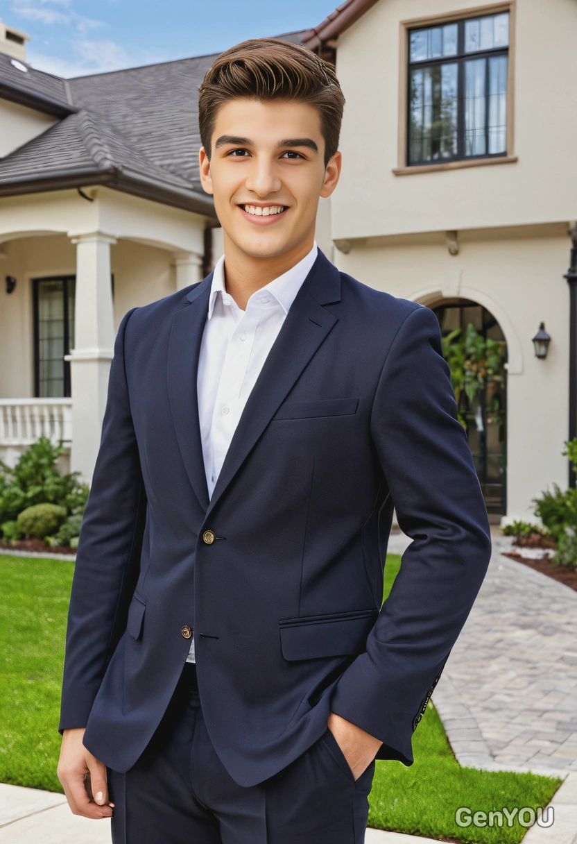 as a real estate agent in a polished blazer and dress pants, standing in front of a luxury property with a 'For Sale' sign, holding a portfolio and smiling confidently