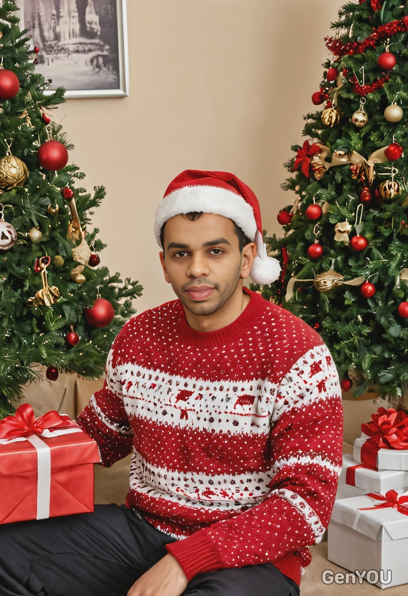 in a festive sweater and Santa hat, sitting by a Christmas tree while eagerly unwrapping a gift