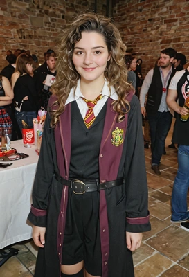 Dressed as Hermione Granger from Hogwarts, at a costume party