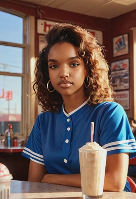 realistic face texture, sharp focus on the face, 90s retro American vibes, oversized loose-fitted electric blue baseball jersey, at the table with a huge old-style milkshake, blurry retro diner background, sunset rays from the window
