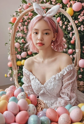iPhone camera quality, hyperrealistic textured skin, full-body photo, cinematic look, pastel pink hair, sparkly white dress, sitting inside a big Easter basket, surrounded by giant colorful Easter eggs and glittery decorations, blurry flower field background, soft light, fashion photoshoot style
