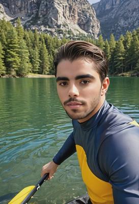 in a sun-protective rash guard paddling a kayak on a clear mountain lake, headshot 