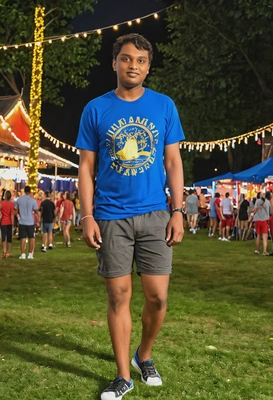 as a man, enjoying a summer festival with vibrant lights and decorations, wearing a casual t-shirt and shorts
