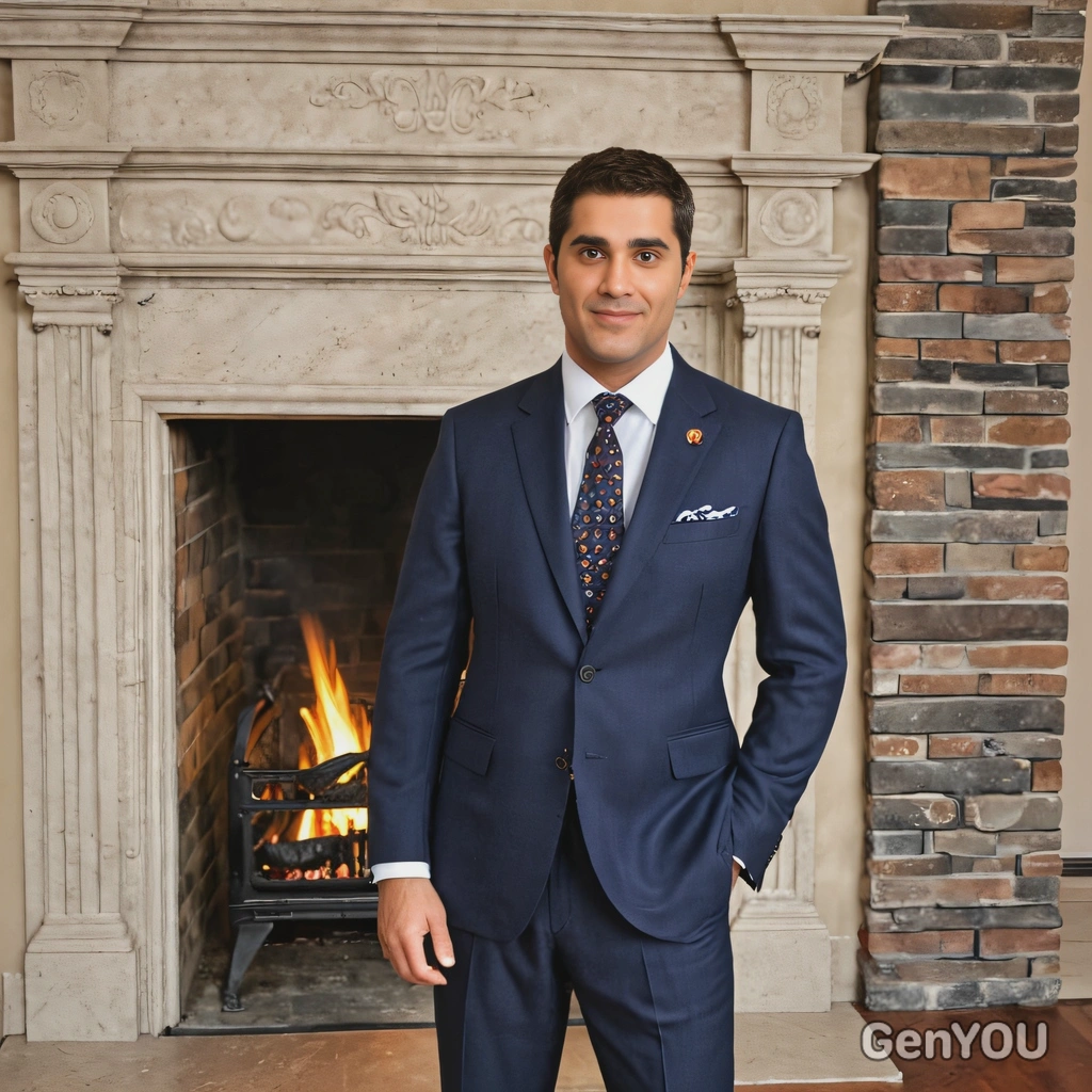 dressed in a classic wool suit with a patterned tie, standing in front of a grand fireplace